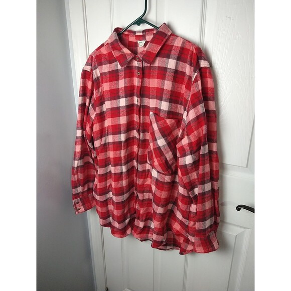 Aerie Woman XL  Oversized Red Flannel Plaid Button Down Shirt  LS Outdoor Casual - Picture 2 of 10